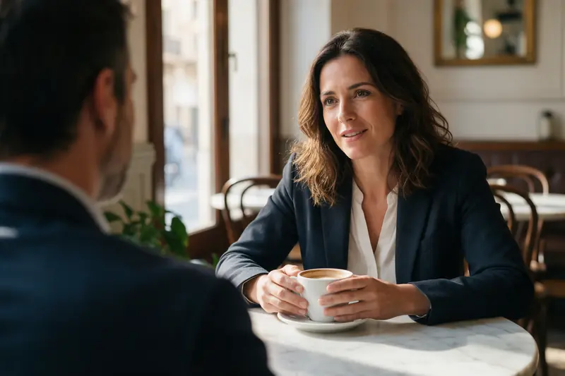Conversación en un café entre un headhunter y una directiva con experiencia